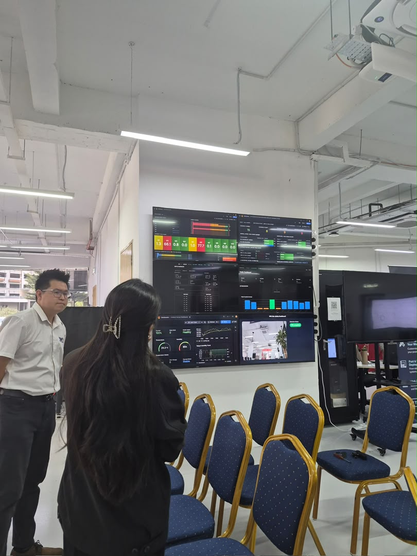 A wall of production dashboards in a demonstration room, with two participants standing beside rows of chairs.