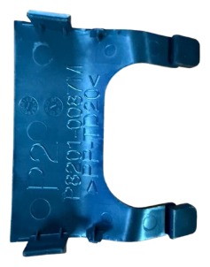 A blue U-shaped molded bracket with two hooked arms.
