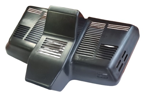 A dark grey cover with louvred vents either side of a raised centre.