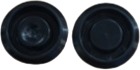 A pair of black round caps.
