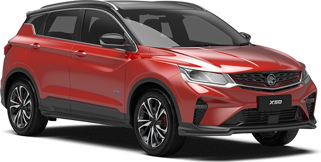 A red compact SUV with a black roof.